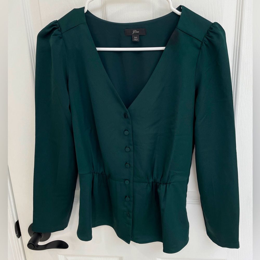 J. Crew Dark Emerald Green Button Detail Feminine Blouse Women’s Size 00